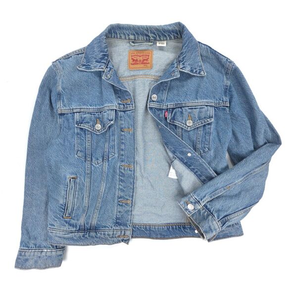 LEVIS Ex-boyfriend Trucker Jacket Concrete Indigo Denim Western Y2k Boho Grunge - Picture 1 of 9